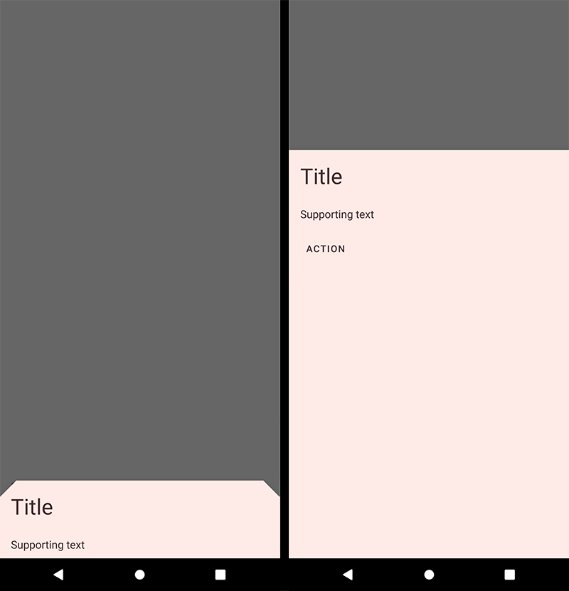 Bottom sheet with pink background color. Collapsed on the left and expanded on the right.