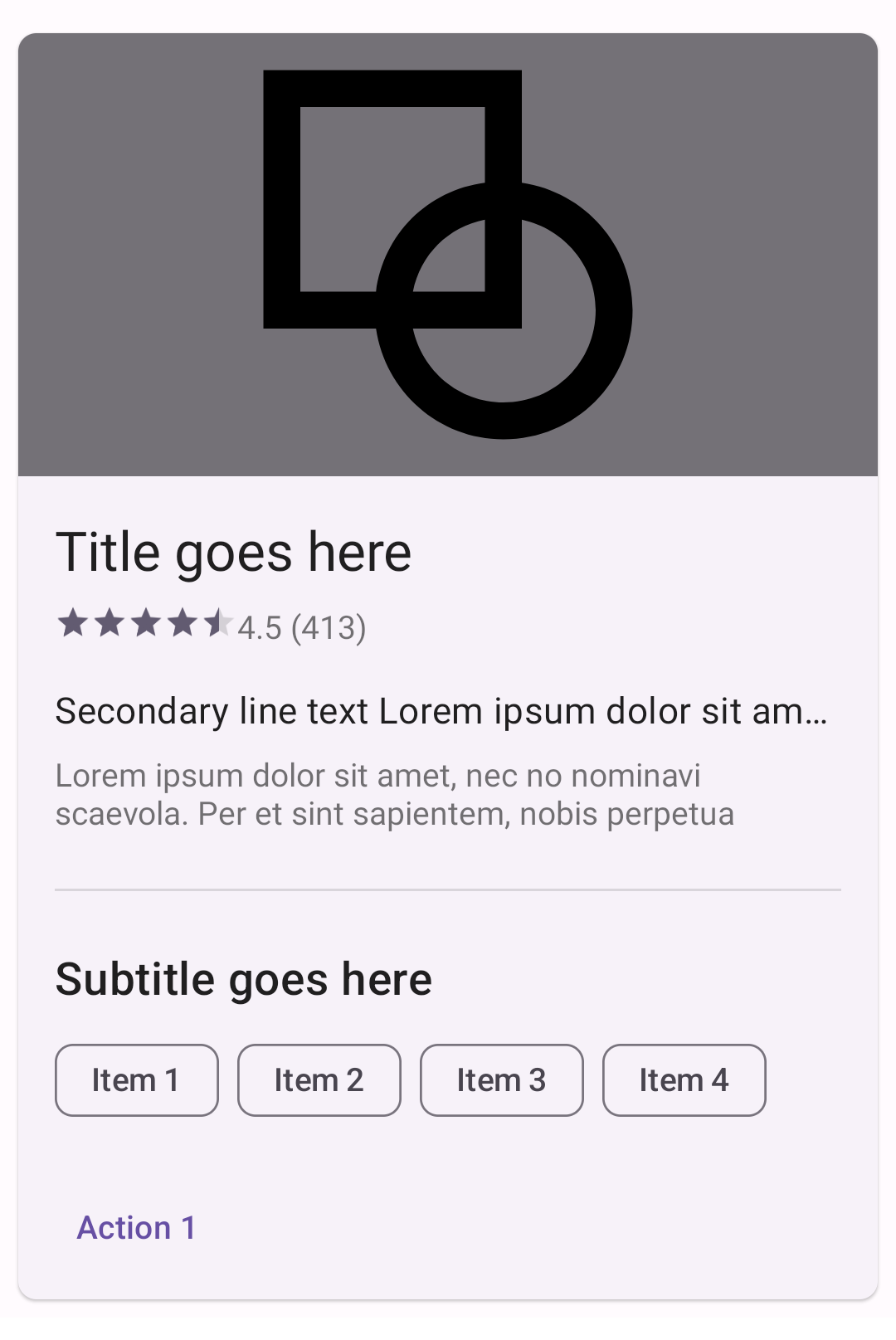 Elevated card with content, a title, a secondary title, text, and two action buttons in purple