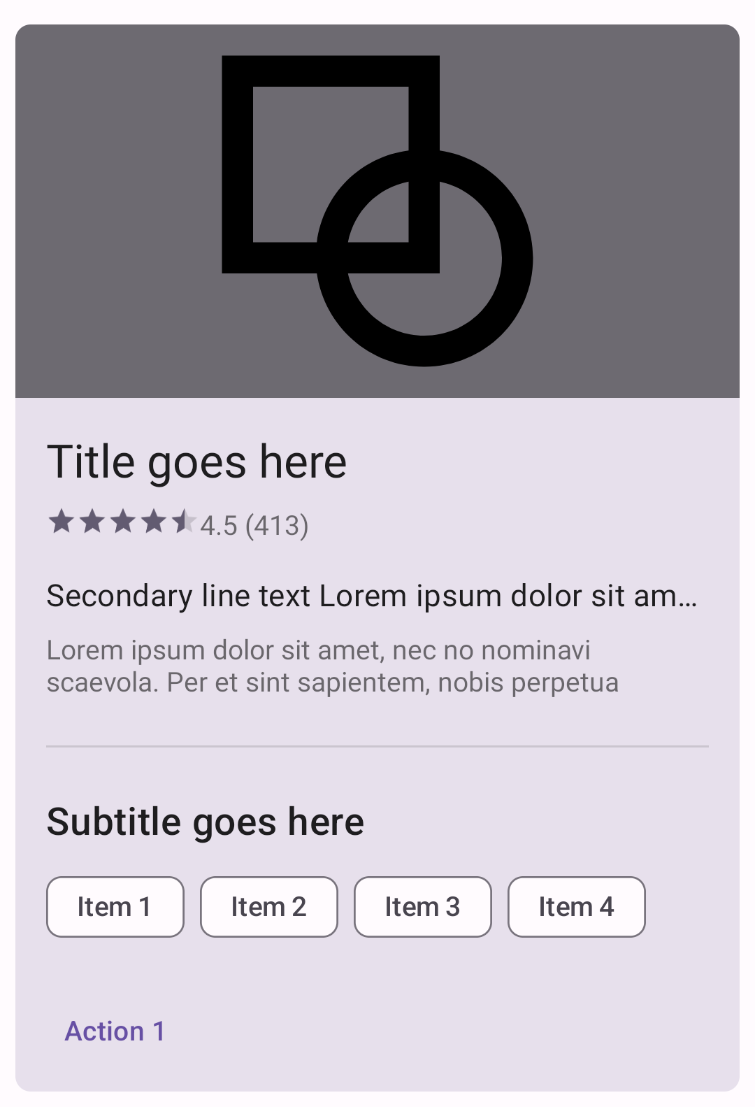 Filled card with content, a title, supporting text, and buttons in purple
