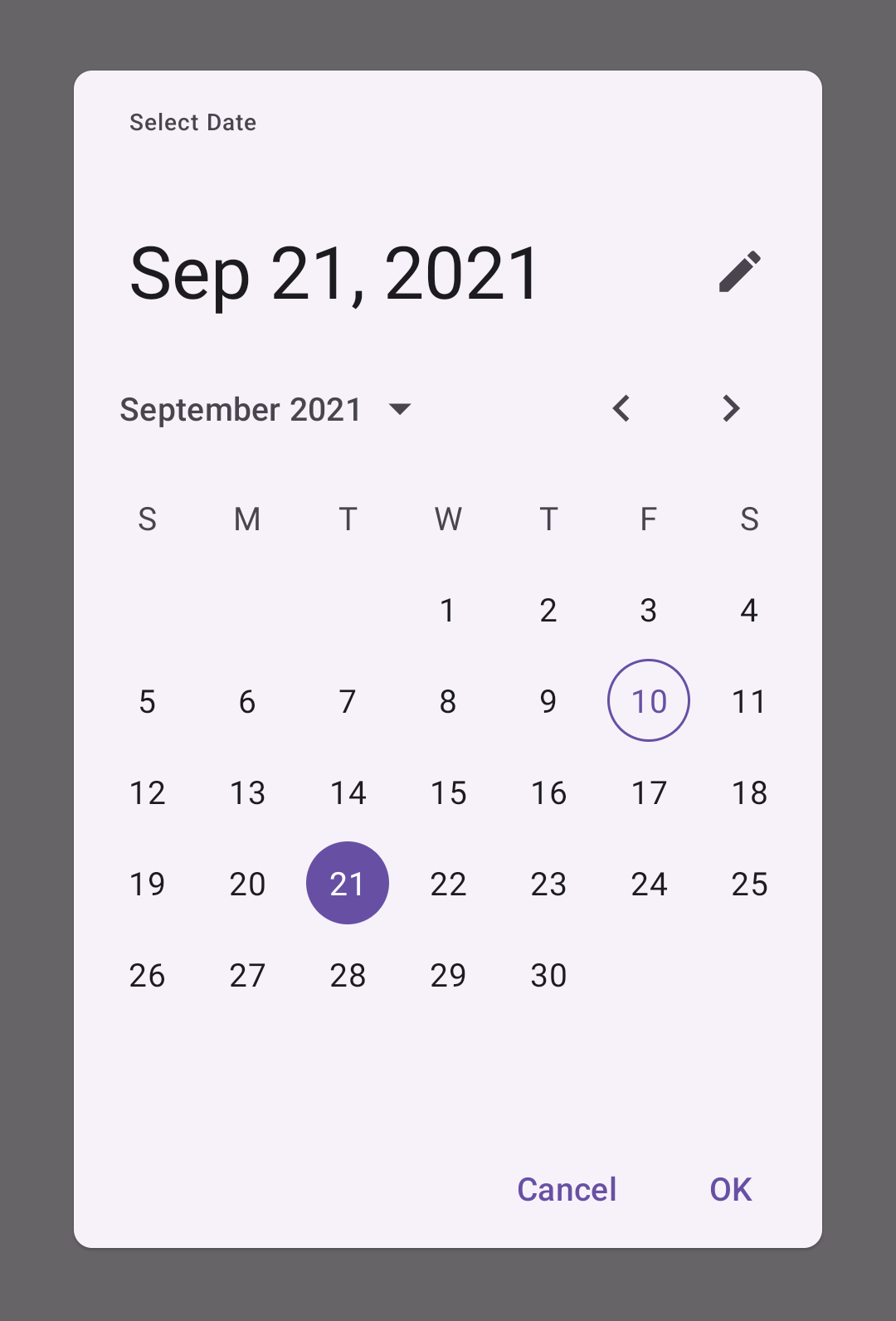 Mobile date picker for September 2021 with '21' selected.
