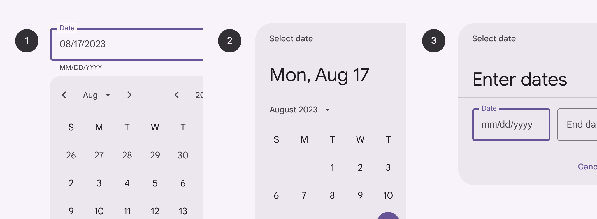 Date picker and range picker examples.