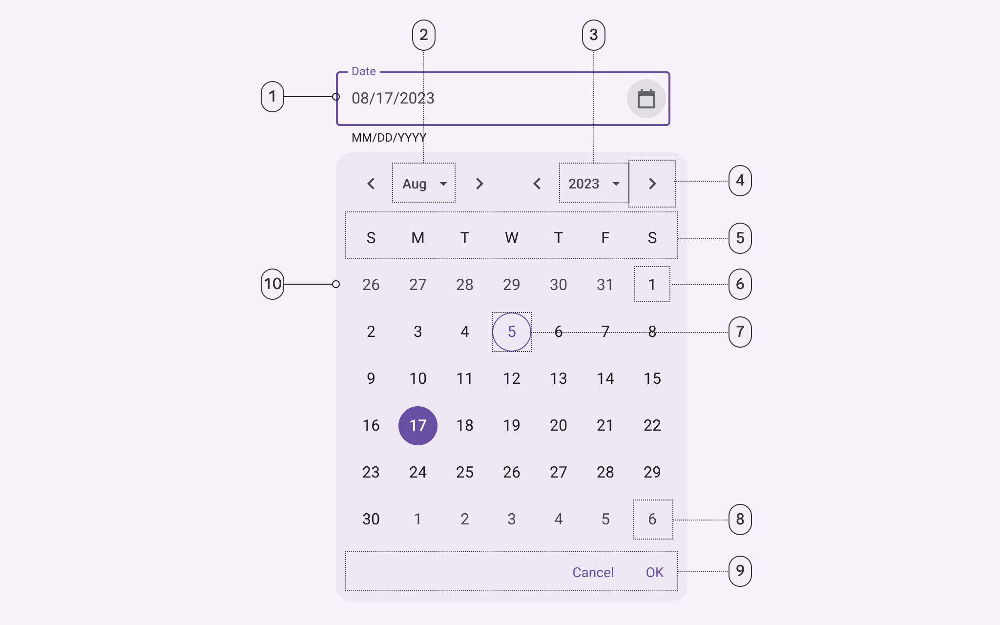 10 elements of a docked date picker.