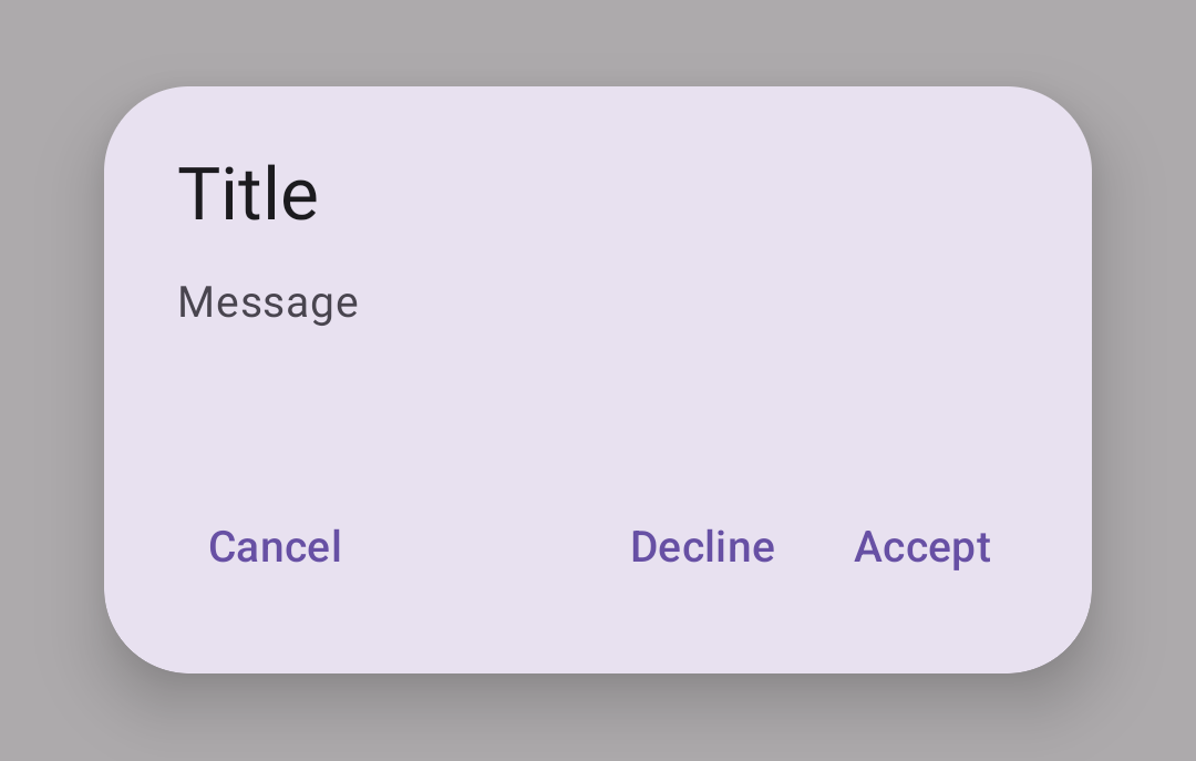 "Dialog with title, and text and purple buttons to cancel, decline or accept"