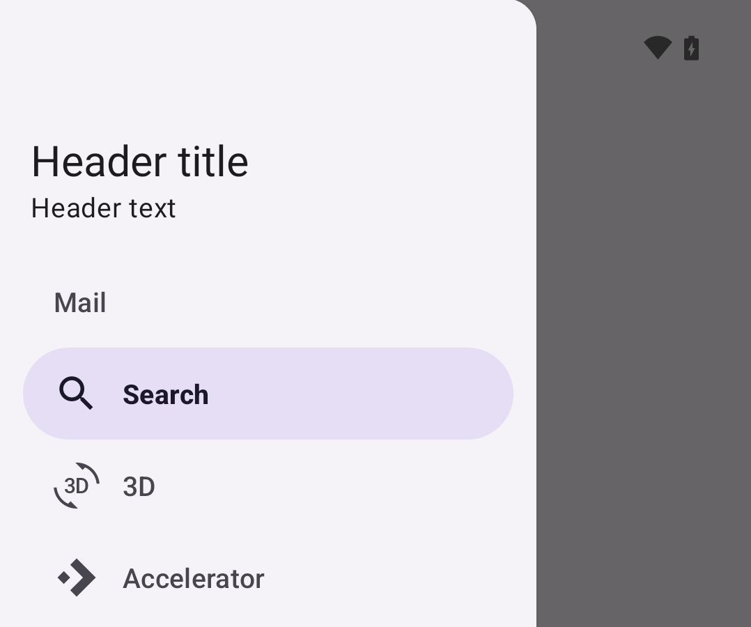 Nav drawer with "Header title", "Header text", a "Mail" subheader, and 3
items. Item 1 is
selected.