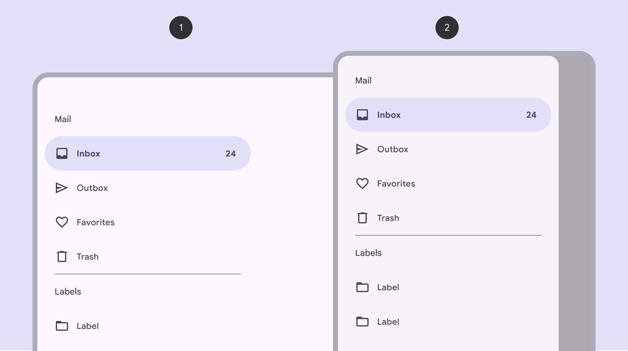 A standard (left) and modal (right) navigation drawer
