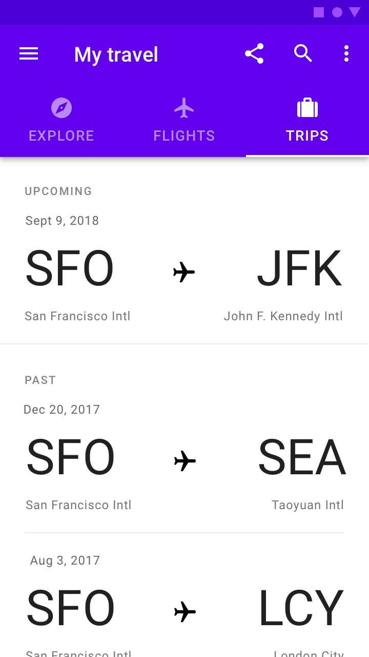 Example travel app with Explore, Flights, and Trips tabs