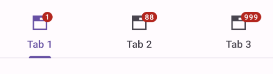 Example of 3 fixed tabs with badges: a red badge with "1", a red badge with
"88", and a red badge with "999".