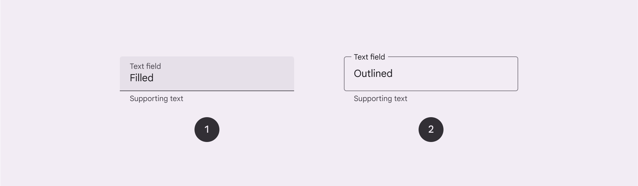 "Text field types. Fixed: grey back, dark gray indicator turns purple.
Outlined: clear back, gray outline turns
purple"