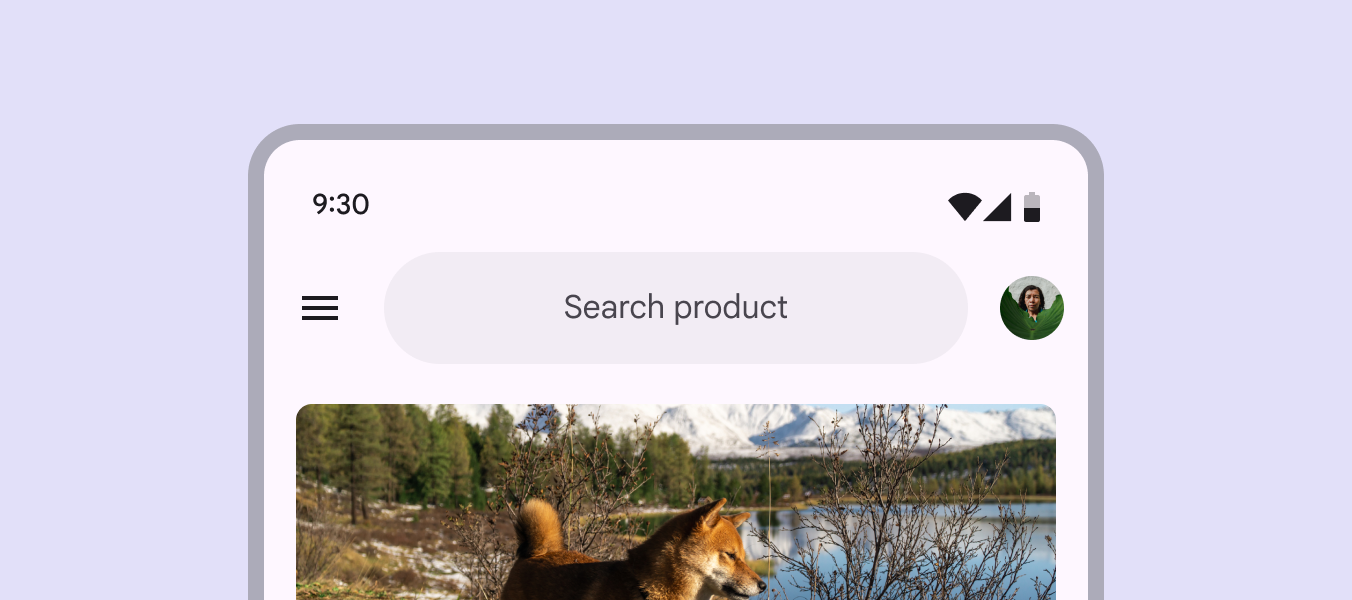 Search app bar with a search icon, a search text field, and a page title.