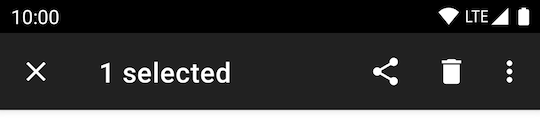 Contextual action bar example with dark grey background, white icons and "1
selected".