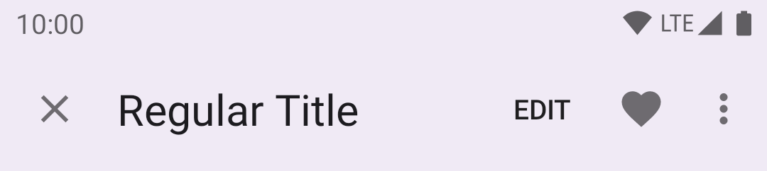 Small top app bar with light purple background, grey icons, and page title.